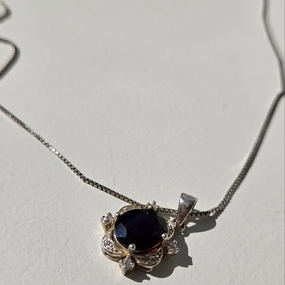 Vintage 925 Sterling Silver Box Chain 15.5” Necklace & JC Red CZ Stone Pendant - Picture 2 of 3